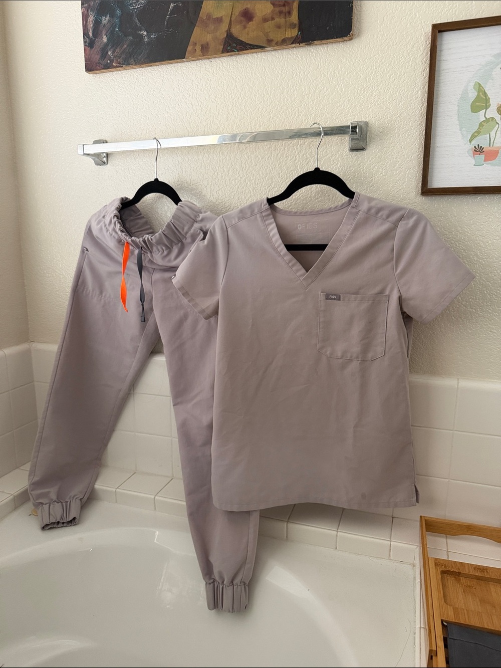 Figs Women's Scrub Set in Mauve with Orange Drawstring